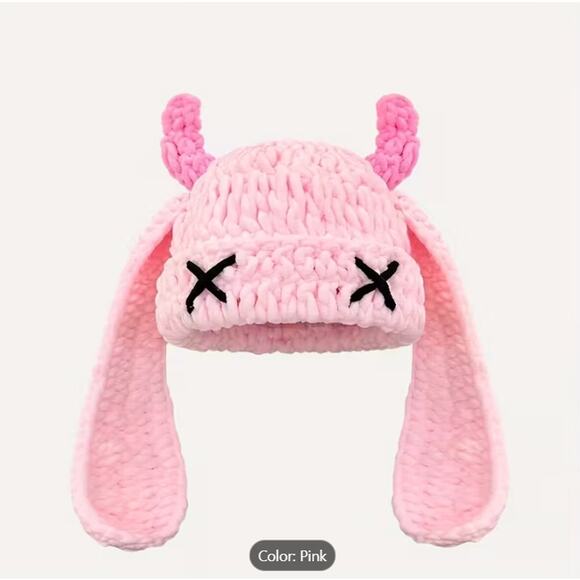 Pink Devil Horn Beanie Hat – Plush Winter Cap with Black X Eyes & Long Ears